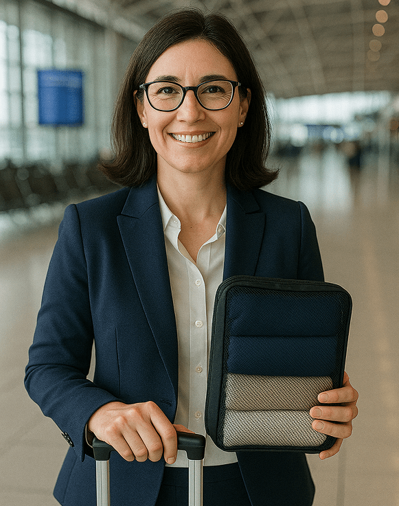 Girl smiling using packing cube bag for business